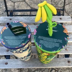 FARM Rio x Starbucks Green Banana Leaf & Blue Floral Tumblers Bundle